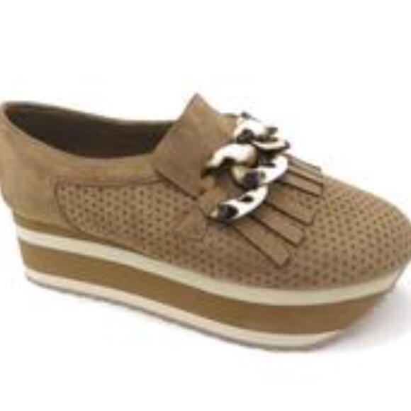 Pierre Dumas Paloma -2 Taupe Fringed Faux Suede Loafers with Chain Detail 7.5 - Picture 1 of 13